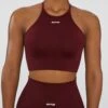 Crop Top In Deep Red -Core Fit Shop bt0376 bt0385 2 burgundy high neckline cross back crop top biker shorts sportswear