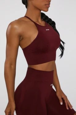 Crop Top In Deep Red -Core Fit Shop bt0376 bt0385 4 burgundy high neckline cross back crop top biker shorts sportswear
