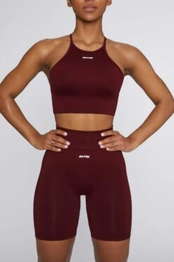 Crop Top In Deep Red -Core Fit Shop bt0376 bt0385 5 burgundy high neckline cross back crop top biker shorts sportswear