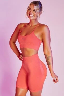 Seamless High Waist Biker Shorts In Coral -Core Fit Shop bt0383 bt0385 10 coral high strap crop top biker short sportswear