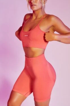 Seamless High Waist Biker Shorts In Coral -Core Fit Shop bt0383 bt0385 12 coral high strap crop top biker short sportswear