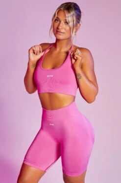 Seamless High Waist Biker Shorts In Pink -Core Fit Shop bt0383 bt0385 2 pink high strap crop top biker short sportswear 1