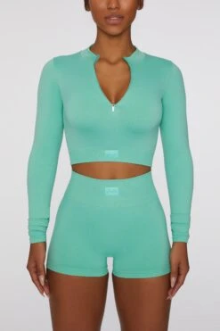 Long Sleeve Crop Top In Turquoise -Core Fit Shop bt0409 1 reach for it turquoise zip crop top