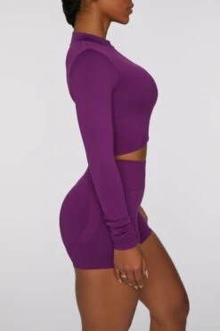 Long Sleeve Crop Top In Dark Purple -Core Fit Shop bt0409 3 reach for it deep purple zip crop top