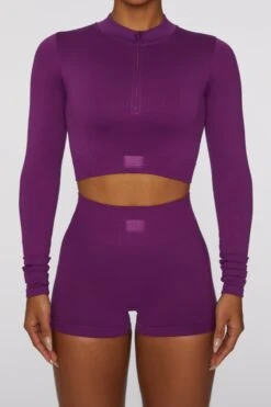 Long Sleeve Crop Top In Dark Purple -Core Fit Shop bt0409 5 reach for it deep purple zip crop top