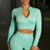 Long Sleeve Crop Top In Turquoise 1 Long Sleeve Crop Top In Turquoise -Core Fit Shop bt0409 bt0412 3 turquoise high neck half zip sweater