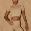 Short Sleeve Crop Top In Beige -Core Fit Shop bt0428 bt0426 4 wont quit warm beige cycling shorts activation double zip crop top