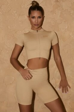 Short Sleeve Crop Top In Beige