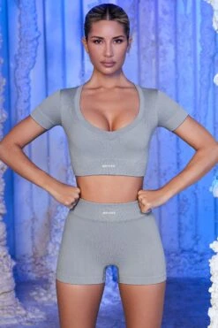 Ribbed Mini Shorts In Grey -Core Fit Shop bt0433 bt0437 1 cooling off avalanche grey v neck crop tee ribbed mini shorts