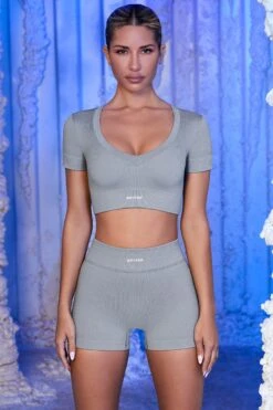Ribbed Mini Shorts In Grey -Core Fit Shop bt0433 bt0437 2 cooling off avalanche grey v neck crop tee ribbed mini shorts