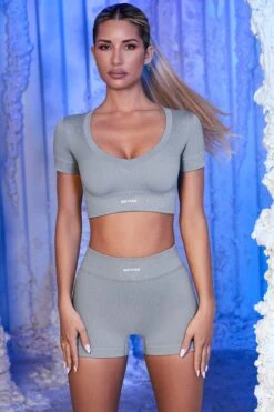 Ribbed Mini Shorts In Grey -Core Fit Shop bt0433 bt0437 4 cooling off avalanche grey v neck crop tee ribbed mini shorts