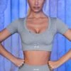 V Neck Short Sleeve Crop Top In Grey