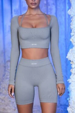 Strap Detail Long Sleeve Crop Top In Grey -Core Fit Shop bt0435 bt0436 2