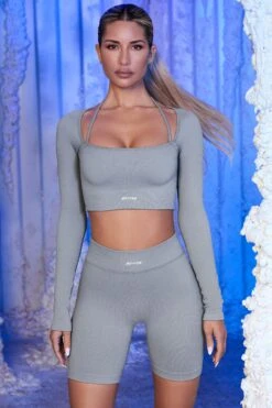 Strap Detail Long Sleeve Crop Top In Grey